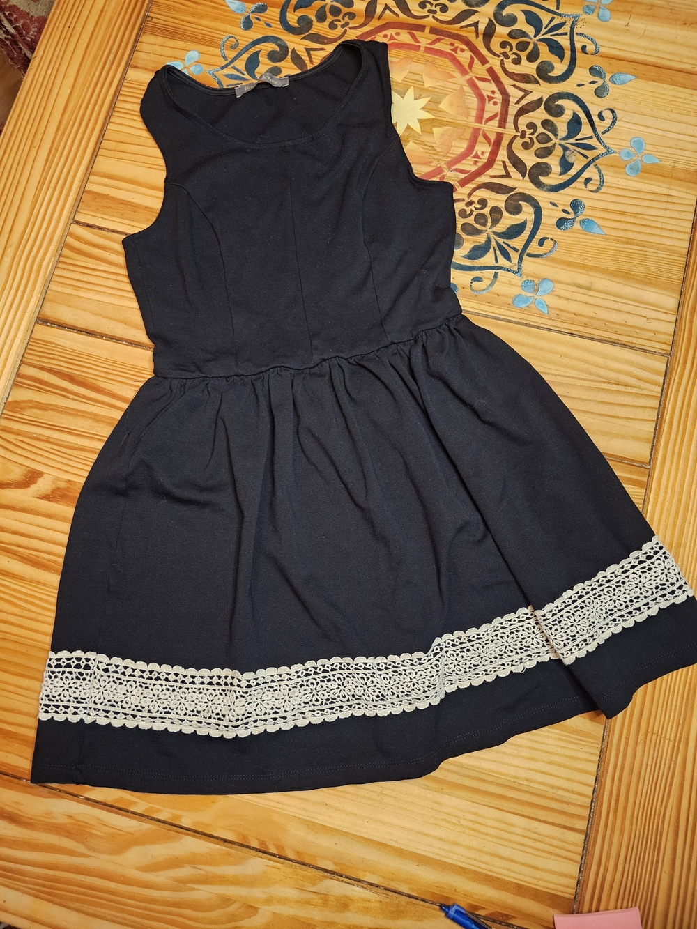 Black Sleeveless Dress with Cream Lace Trim